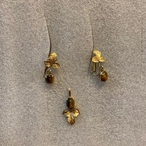 Tigers Eye Screw Back Earrings And Pendant, 12k GF